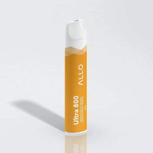 An Allo Ultra 800 Mango Peach Orange disposable vape featuring an orange cylindrical body with a white mouthpiece, labeled with Allo Ultra 800 and flavor text against a plain white background.