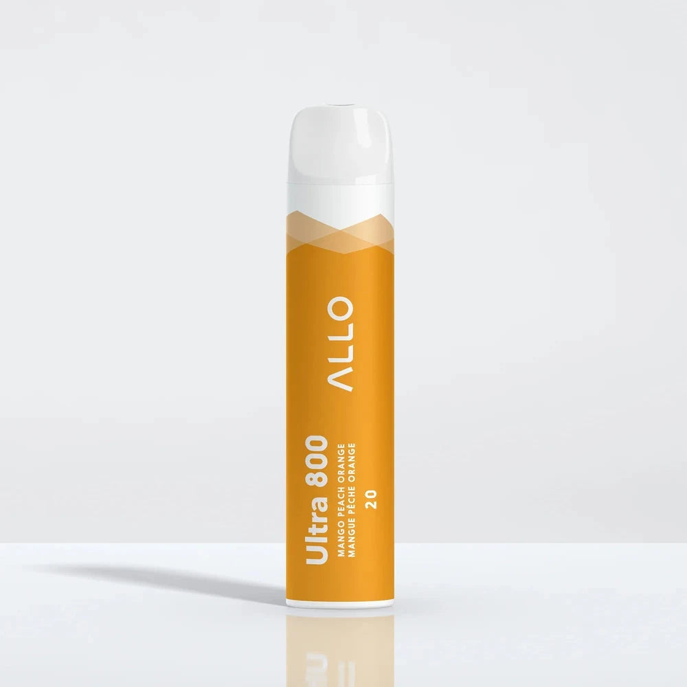 An Allo Ultra 800 Mango Peach Orange disposable vape with a cylindrical orange body, white mouthpiece, and printed text including Allo, Ultra 800, and 20 on a white background.