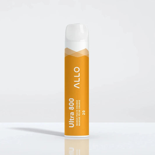 An Allo Ultra 800 Mango Peach Orange disposable vape with a cylindrical orange body, white mouthpiece, and printed text including Allo, Ultra 800, and 20 on a white background.