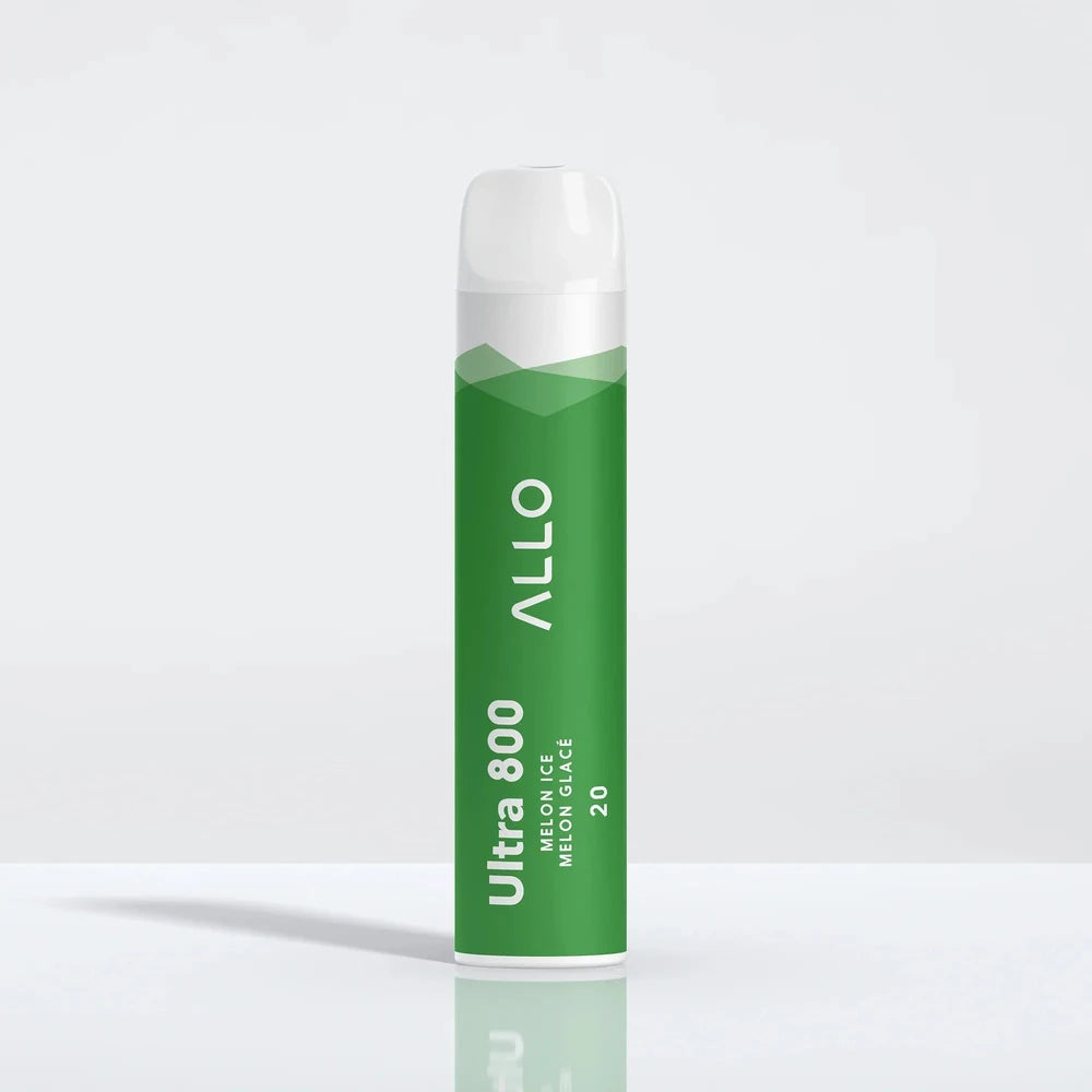 An Allo Ultra 800 Melon Ice disposable vape with a green body and white mouthpiece, featuring the text Ultra 800 Melon Ice Melon Glacé 20 and the Allo logo.