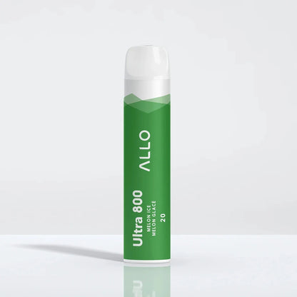 An Allo Ultra 800 Melon Ice disposable vape with a green body and white mouthpiece, featuring the text Ultra 800 Melon Ice Melon Glacé 20 and the Allo logo.