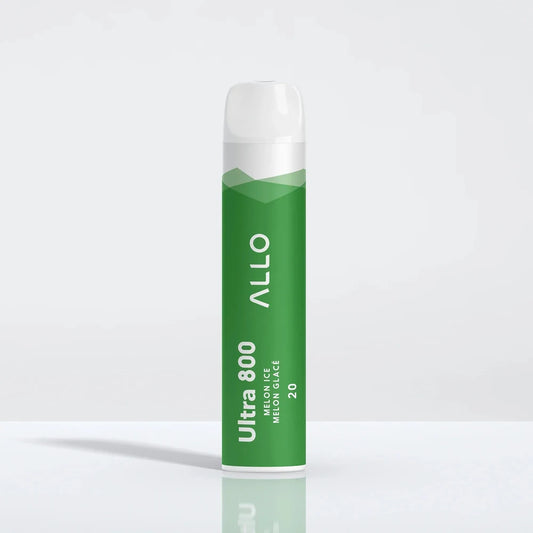An Allo Ultra 800 Melon Ice disposable vape with a green body and white mouthpiece, featuring the text Ultra 800 Melon Ice Melon Glacé 20 and the Allo logo.