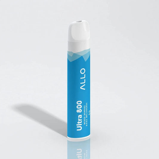 Allo Ultra 800 Mixed Berries disposable vape featuring a blue cylindrical body with white text and a white mouthpiece, set against a plain grey background with a soft shadow.