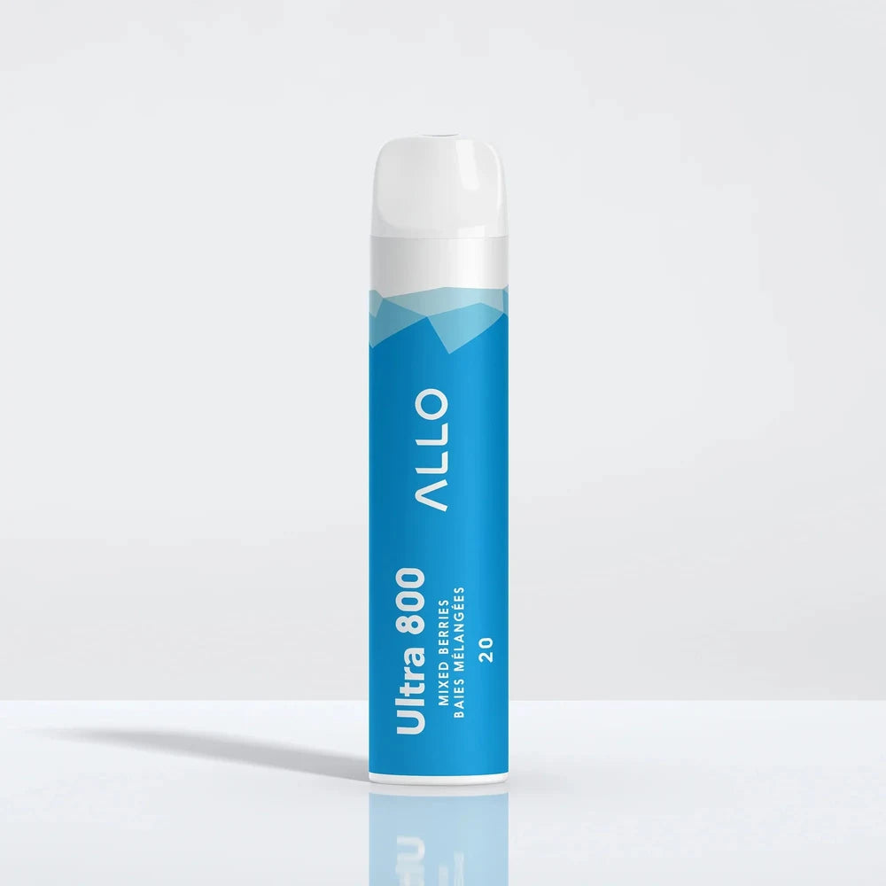 An Allo Ultra 800 Mixed Berries disposable vape featuring a blue cylindrical body with white text and a clear mouthpiece, standing upright against a plain white background.