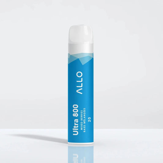 An Allo Ultra 800 Mixed Berries disposable vape featuring a blue cylindrical body with white text and a clear mouthpiece, standing upright against a plain white background.