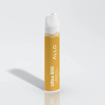 An Allo Ultra 800 Orange Ice disposable vape with a yellow body and white mouthpiece, featuring the text Allo Ultra 800 Orange Ice Orange Glacée 50.