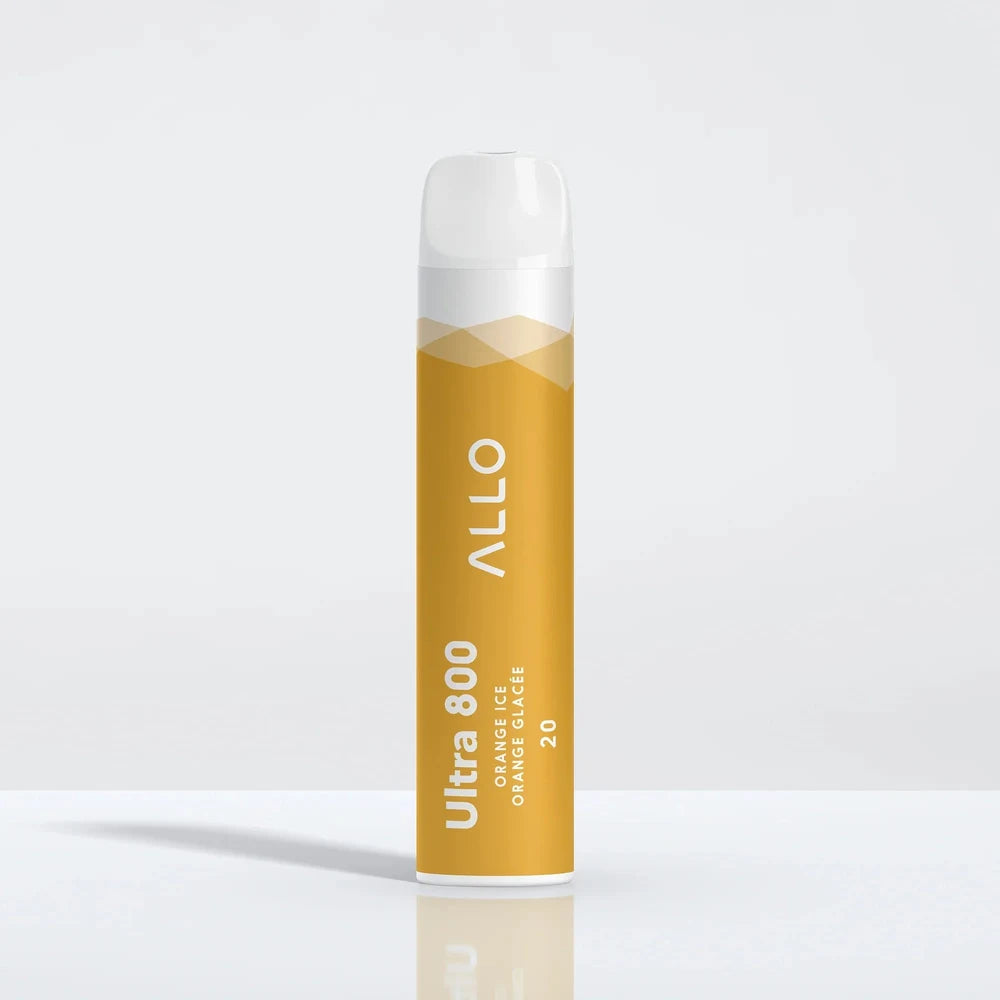 An Allo Ultra 800 Orange Ice disposable vape featuring an orange and white cylindrical body with a clear mouthpiece, labeled with the text Allo Ultra 800 Orange Ice Orange Glacée 20.