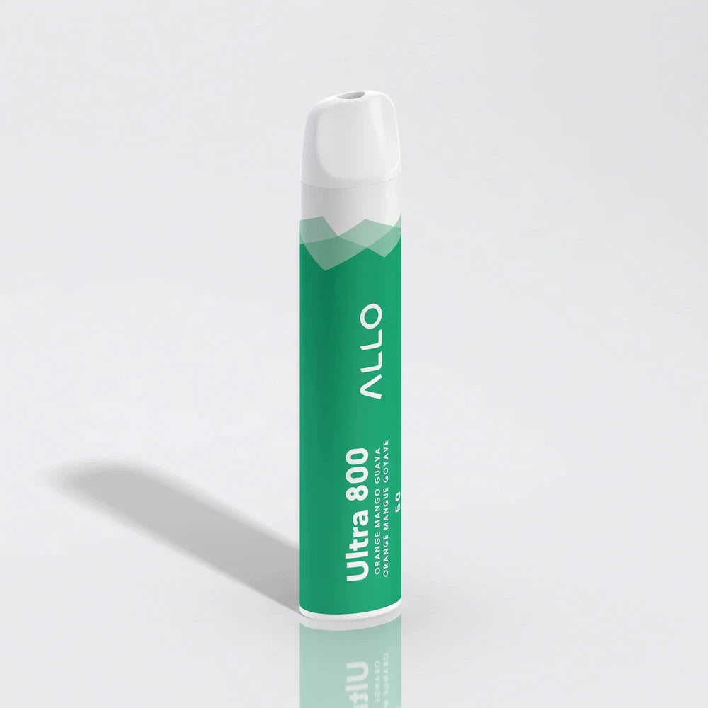 An Allo Ultra 800 Orange Mango Guava disposable vape featuring a green cylindrical body with a white mouthpiece and text reading Ultra 800 Orange Mango Guava.