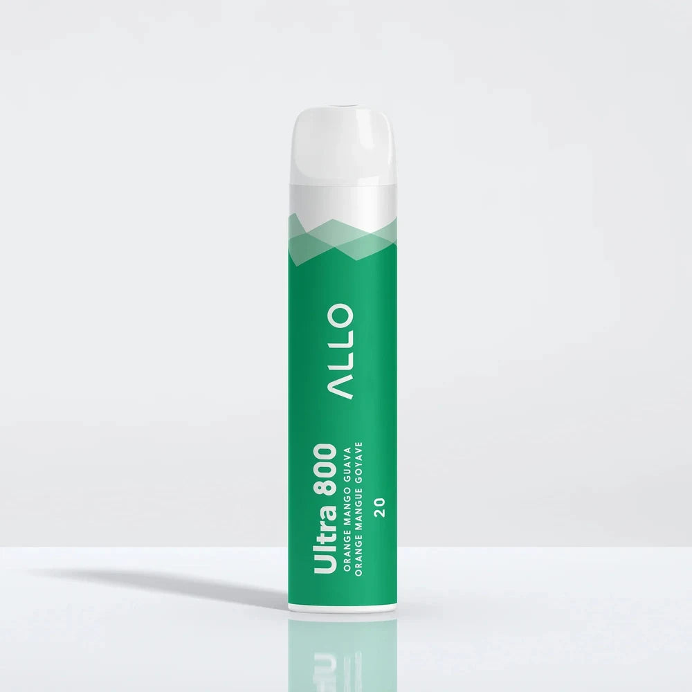 An Allo Ultra 800 Orange Mango Guava disposable vape featuring a teal cylindrical body with white text and a clear mouthpiece, standing on a reflective white surface.