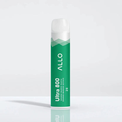 An Allo Ultra 800 Orange Mango Guava disposable vape featuring a teal cylindrical body with white text and a clear mouthpiece, standing on a reflective white surface.