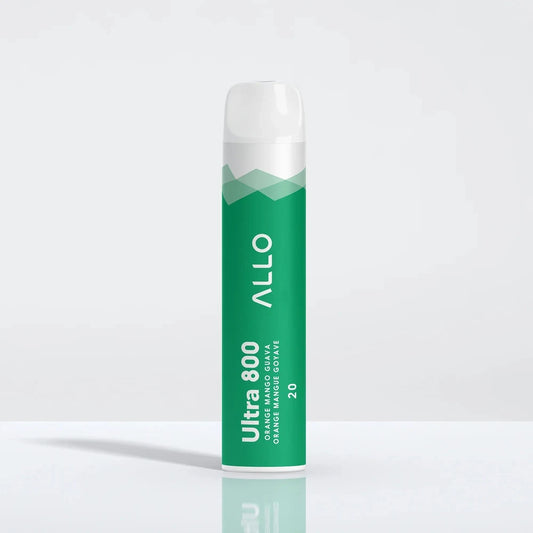 An Allo Ultra 800 Orange Mango Guava disposable vape featuring a teal cylindrical body with white text and a clear mouthpiece, standing on a reflective white surface.