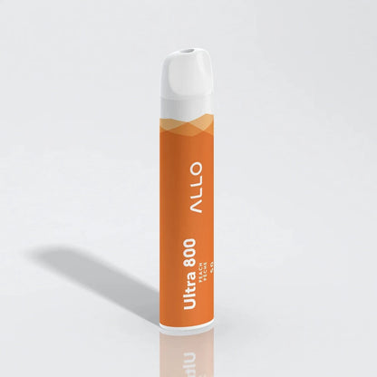 An orange Allo Ultra 800 Peach disposable vape with a white mouthpiece and base, featuring the brand logo and product name printed on the side, shown against a plain white background.