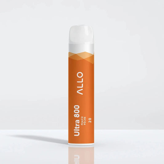 An Allo Ultra 800 Peach disposable vape with an orange body and white mouthpiece, featuring the text ALLO Ultra 800 Peach Pêche 20, shown on a reflective white surface.