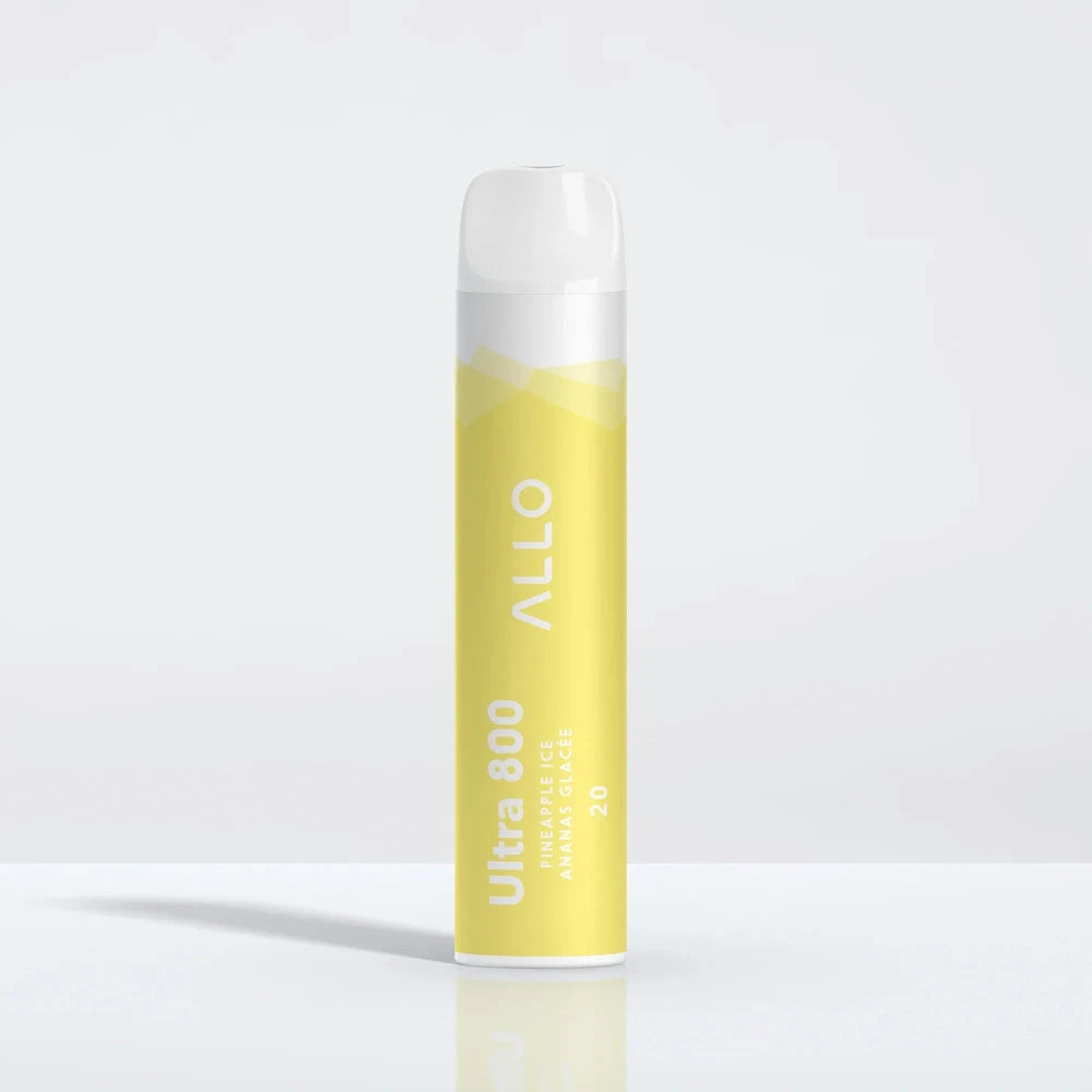 Allo Ultra 800 Pineapple Ice disposable vape featuring a yellow cylindrical body with white text and a clear mouthpiece against a plain white background.