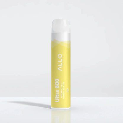 Allo Ultra 800 Pineapple Ice disposable vape featuring a yellow cylindrical body with white text and a clear mouthpiece against a plain white background.