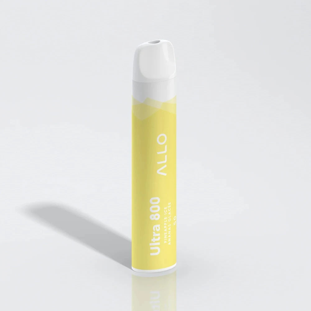 An Allo Ultra 800 Pineapple Ice disposable vape featuring a yellow cylindrical body with a white mouthpiece, labeled with Allo Ultra 800 and Pineapple Ice text, shown against a plain white background.