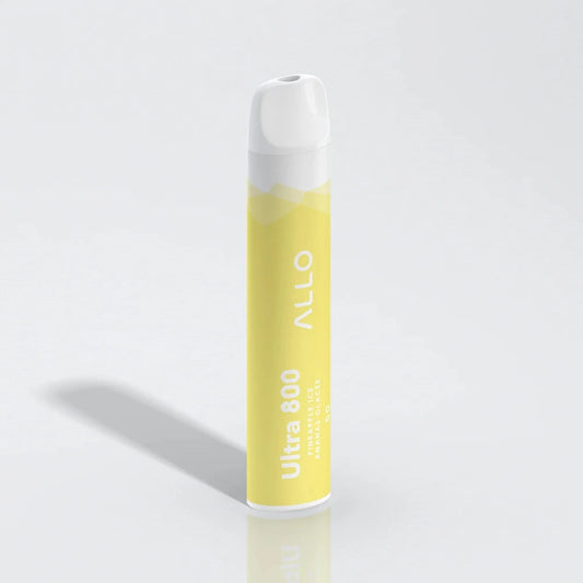 An Allo Ultra 800 Pineapple Ice disposable vape featuring a yellow cylindrical body with a white mouthpiece, labeled with Allo Ultra 800 and Pineapple Ice text, shown against a plain white background.