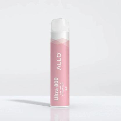 An Allo Ultra 800 Pink Lemon disposable vape with a pink body and white mouthpiece, featuring the text Ultra 800, Pink Lemon, Citron Rose, and 20.