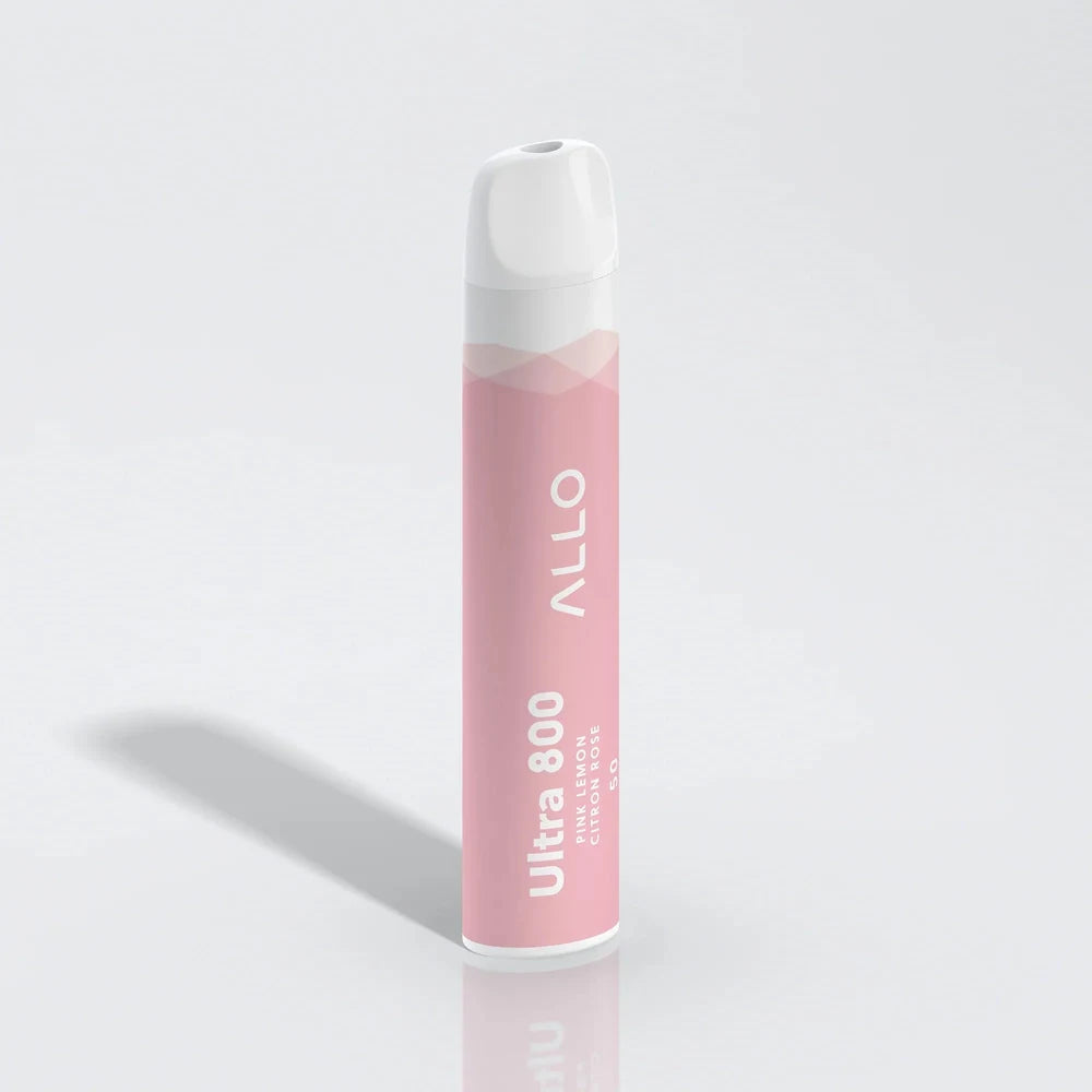 An Allo Ultra 800 Pink Lemon disposable vape with a white mouthpiece and pink body featuring the text Allo Ultra 800 Pink Lemon Citron Rose.