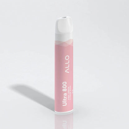 An Allo Ultra 800 Pink Lemon disposable vape with a white mouthpiece and pink body featuring the text Allo Ultra 800 Pink Lemon Citron Rose.