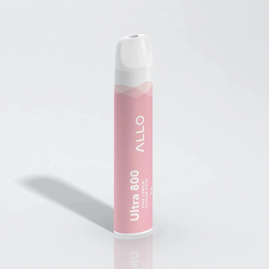 An Allo Ultra 800 Pink Lemon disposable vape with a white mouthpiece and pink body featuring the text Allo Ultra 800 Pink Lemon Citron Rose.