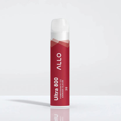 An Allo Ultra 800 Pomegranate Ice disposable vape featuring a red cylindrical body with a clear mouthpiece, labeled with Allo Ultra 800 Pomegranate Ice Grenade Glacée 20.