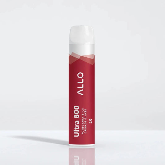 An Allo Ultra 800 Pomegranate Ice disposable vape featuring a red cylindrical body with a clear mouthpiece, labeled with Allo Ultra 800 Pomegranate Ice Grenade Glacée 20.
