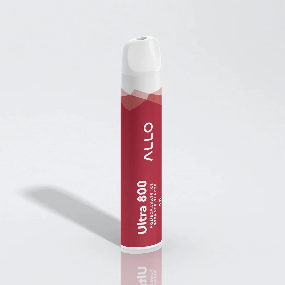 Allo Ultra 800 Pomegranate Ice disposable vape featuring a red cylindrical body with white ALLO and Ultra 800 branding on a plain white background.