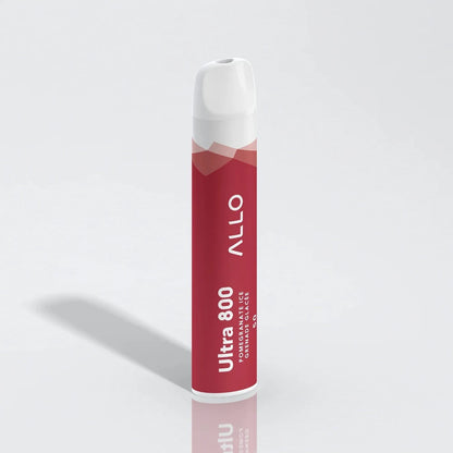 Allo Ultra 800 Pomegranate Ice disposable vape featuring a red cylindrical body with white ALLO and Ultra 800 branding on a plain white background.