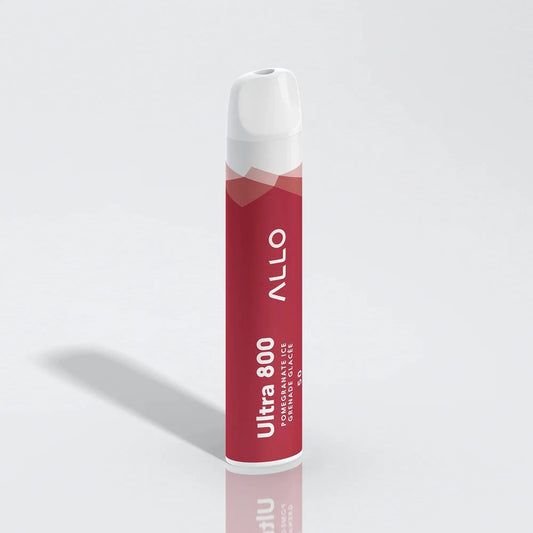 Allo Ultra 800 Pomegranate Ice disposable vape featuring a red cylindrical body with white ALLO and Ultra 800 branding on a plain white background.