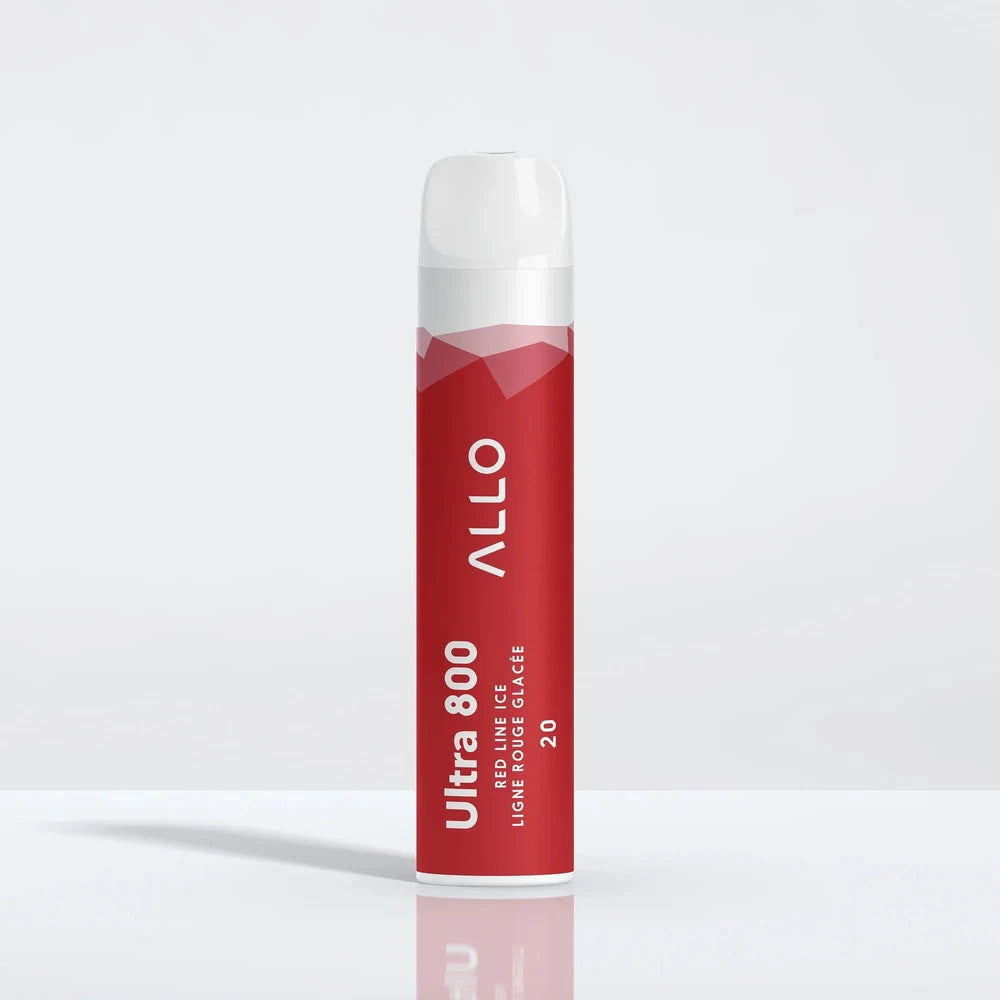 An Allo Ultra 800 Red Line Ice disposable vape featuring a red cylindrical body with white text and a clear mouthpiece, standing on a reflective white surface.