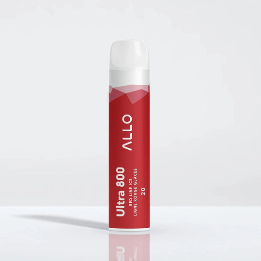 An Allo Ultra 800 Red Line Ice disposable vape featuring a red cylindrical body with white text and a clear mouthpiece, standing on a reflective white surface.