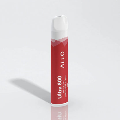 An Allo Ultra 800 Red Line Ice disposable vape featuring a red cylindrical body with a white mouthpiece and text reading Allo Ultra 800 Red Line Ice.
