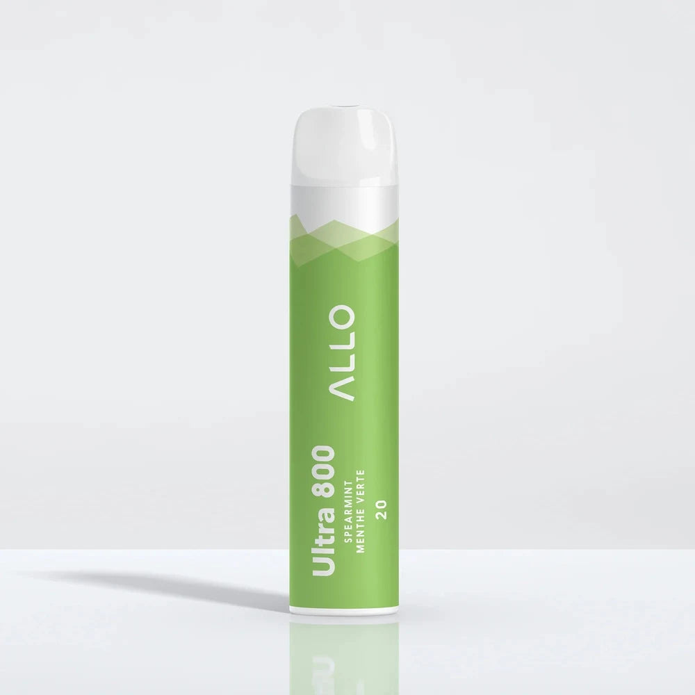 An ALLO Ultra 800 Spearmint disposable vape featuring a green and white cylindrical body with a clear mouthpiece, labeled with the text Ultra 800, Spearmint, Menthe Verte, and 20.