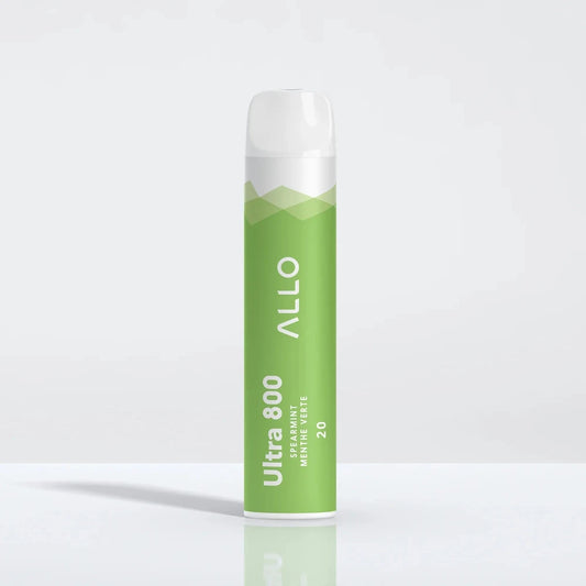 An ALLO Ultra 800 Spearmint disposable vape featuring a green and white cylindrical body with a clear mouthpiece, labeled with the text Ultra 800, Spearmint, Menthe Verte, and 20.