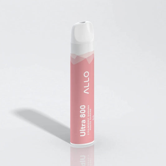 An Allo Ultra 800 Strawberry Banana disposable vape with a pink body and white mouthpiece, featuring the text Allo Ultra 800 Strawberry Banana Fraise-Banane 50.