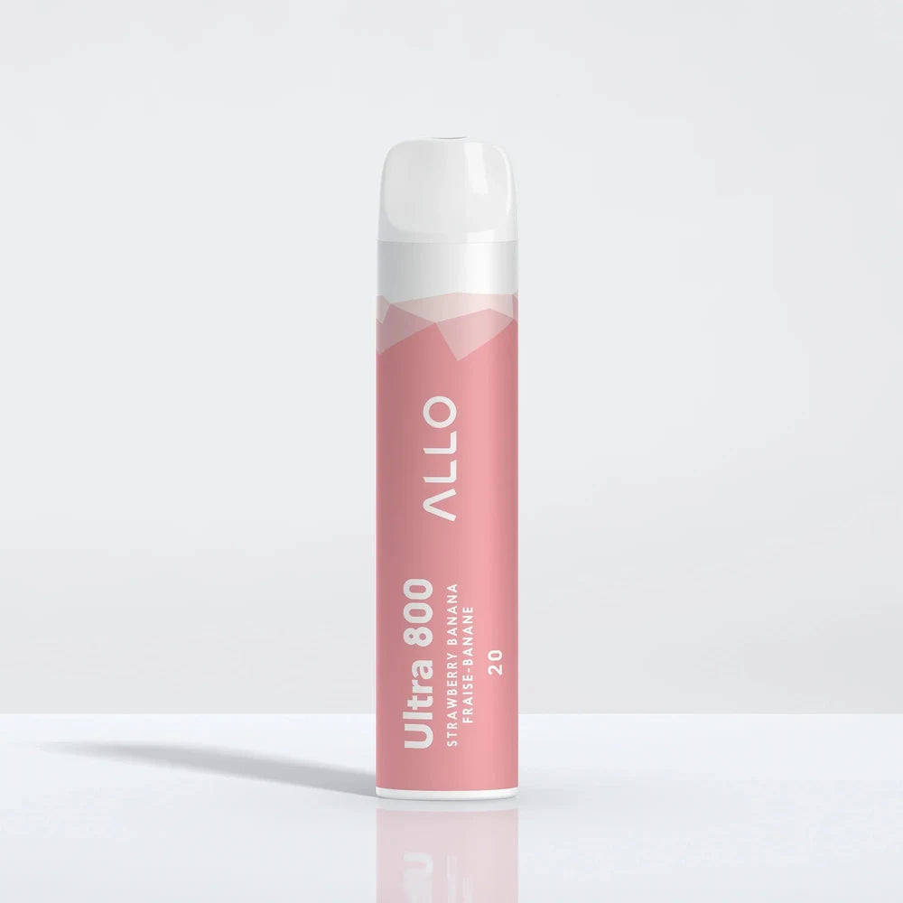 An Allo Ultra 800 Strawberry Banana disposable vape featuring a pink cylindrical body with white text and a clear mouthpiece, standing upright on a reflective white surface.