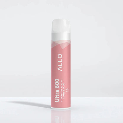 An Allo Ultra 800 Strawberry Banana disposable vape featuring a pink cylindrical body with white text and a clear mouthpiece, standing upright on a reflective white surface.