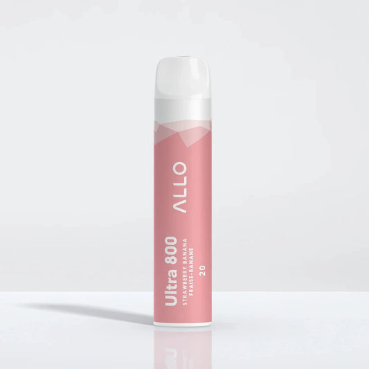 An Allo Ultra 800 Strawberry Banana disposable vape featuring a pink cylindrical body with white text and a clear mouthpiece, standing upright on a reflective white surface.