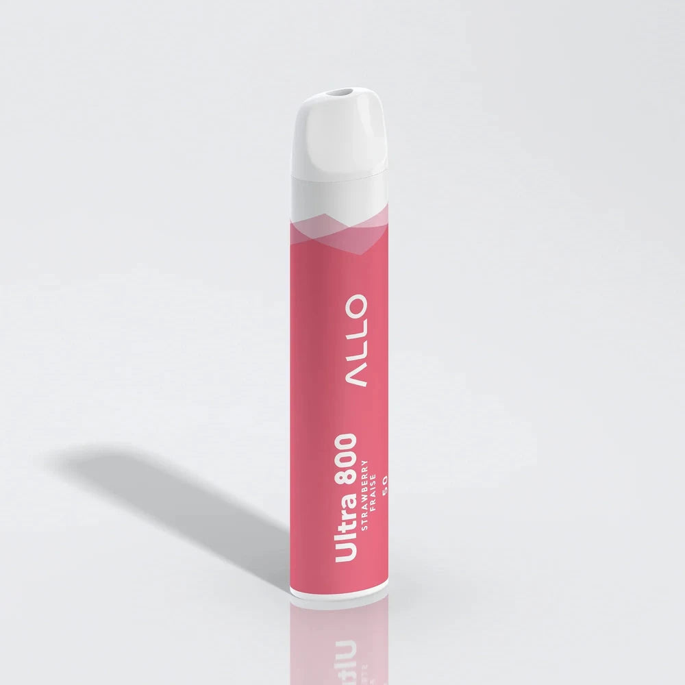 An Allo Ultra 800 Strawberry Fraise disposable vape with a pink body and white mouthpiece stands upright against a plain white background.