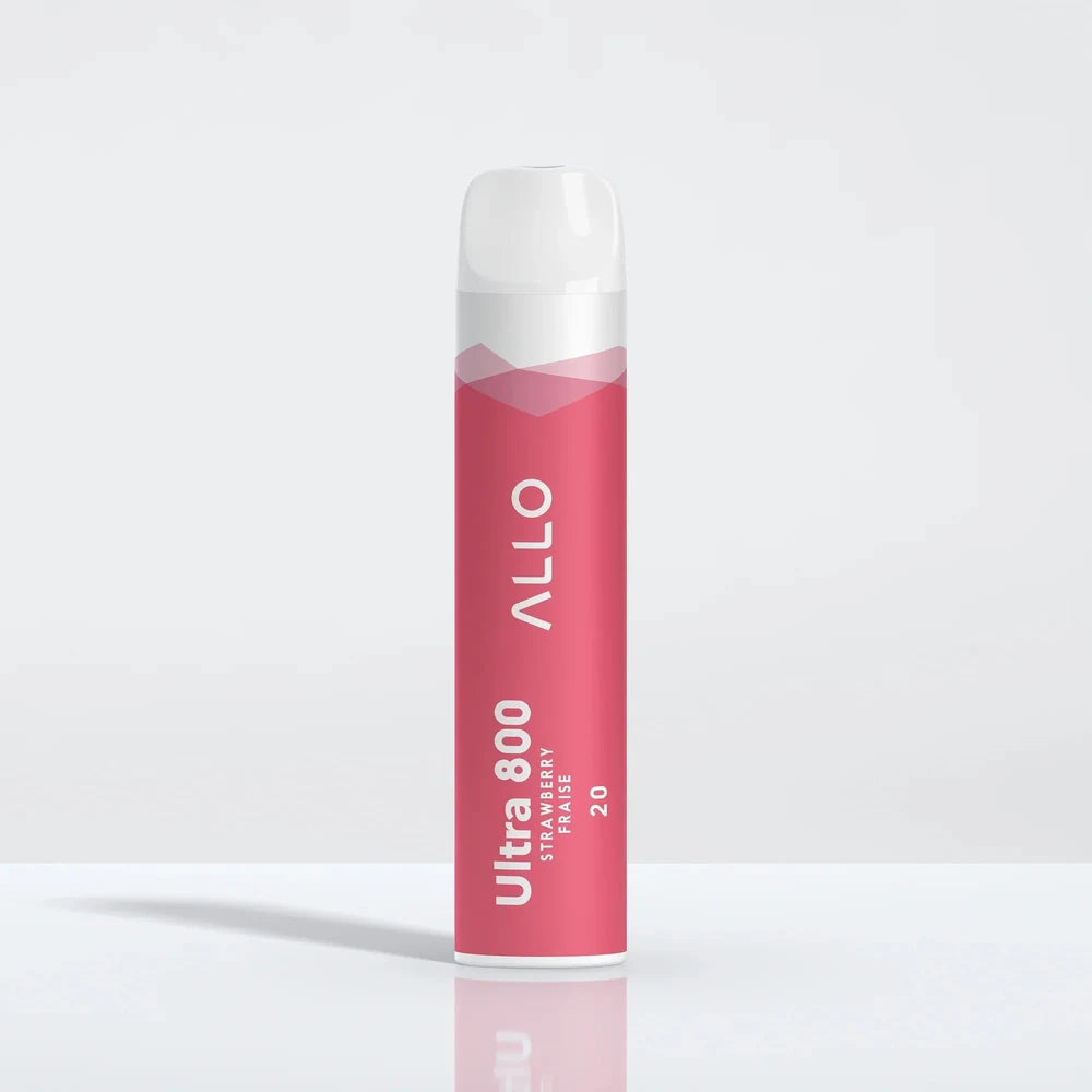 Allo Ultra 800 Strawberry disposable vape featuring a pink cylindrical body with a white mouthpiece and text reading Allo Ultra 800 Strawberry Fraise 20.
