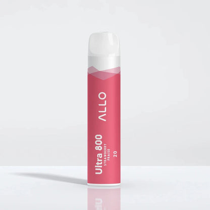 Allo Ultra 800 Strawberry disposable vape featuring a pink cylindrical body with a white mouthpiece and text reading Allo Ultra 800 Strawberry Fraise 20.