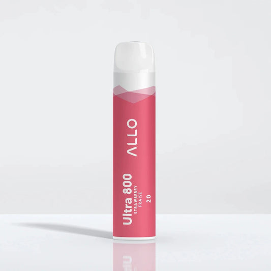 Allo Ultra 800 Strawberry disposable vape featuring a pink cylindrical body with a white mouthpiece and text reading Allo Ultra 800 Strawberry Fraise 20.