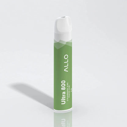 An Allo Ultra 800 Strawberry Kiwi disposable vape featuring a green and white cylindrical body with a white mouthpiece, labeled with Ultra 800 and Strawberry Kiwi text against a plain white background.