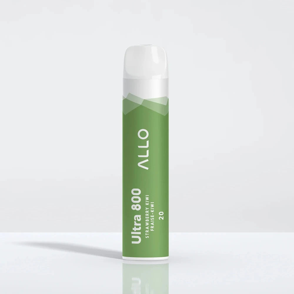 Allo Ultra 800 Strawberry Kiwi disposable vape featuring a green cylindrical body with white text and a clear mouthpiece, standing on a reflective white surface.