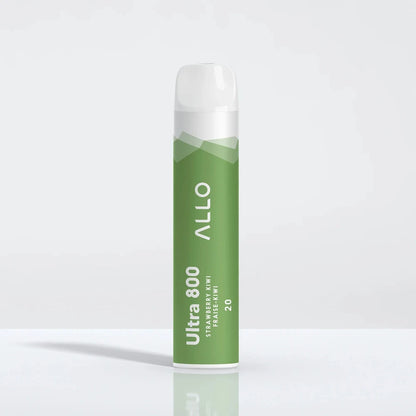 Allo Ultra 800 Strawberry Kiwi disposable vape featuring a green cylindrical body with white text and a clear mouthpiece, standing on a reflective white surface.