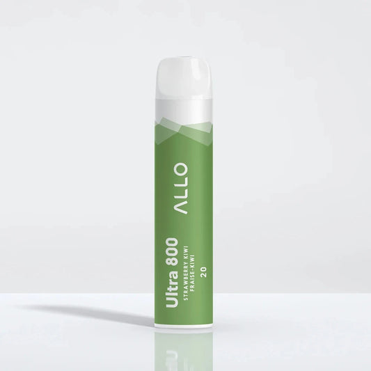 Allo Ultra 800 Strawberry Kiwi disposable vape featuring a green cylindrical body with white text and a clear mouthpiece, standing on a reflective white surface.