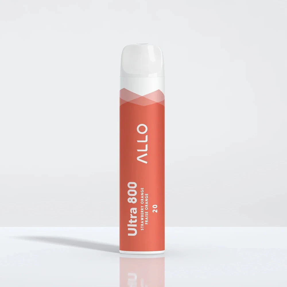 Allo Ultra 800 Strawberry Orange disposable vape featuring a cylindrical orange body with white text and a clear mouthpiece against a plain white background.