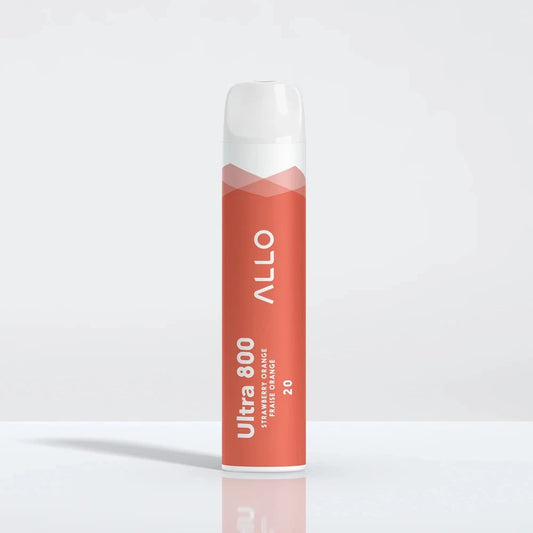 Allo Ultra 800 Strawberry Orange disposable vape featuring a cylindrical orange body with white text and a clear mouthpiece against a plain white background.