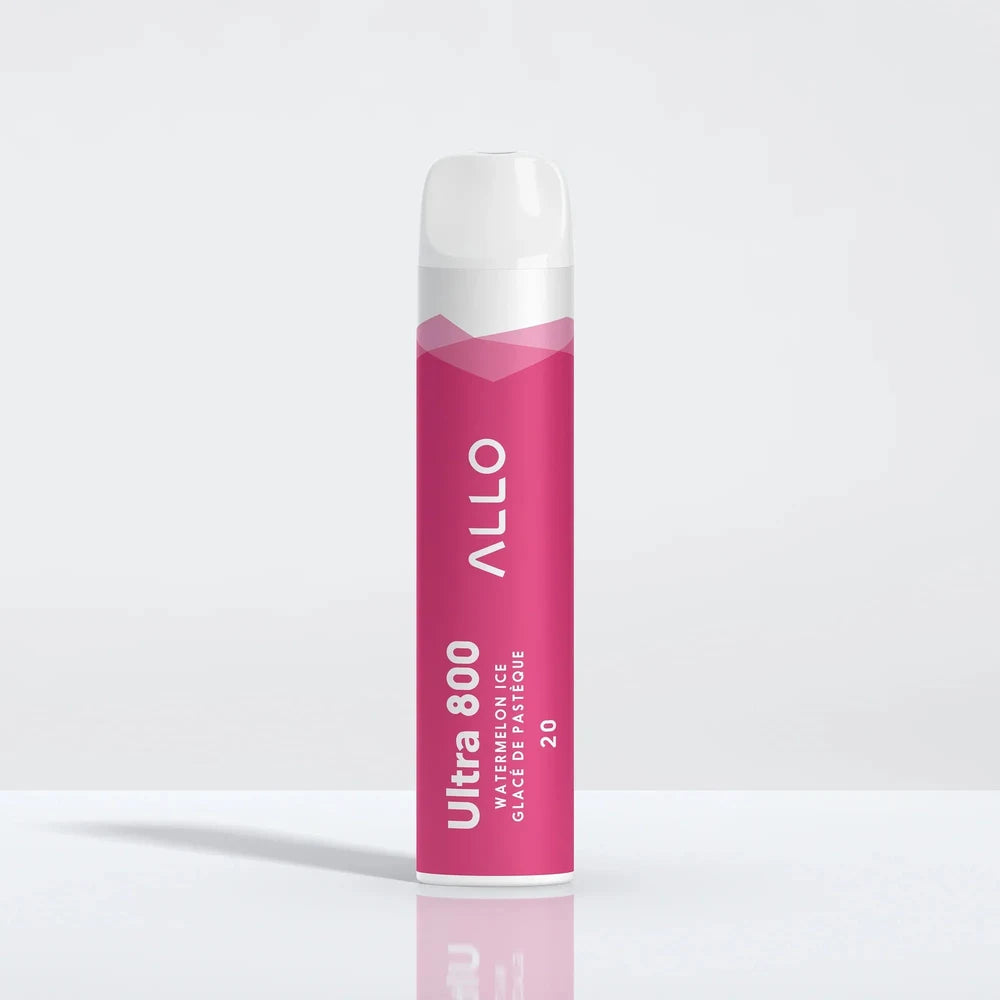 Allo Ultra 800 Watermelon Ice disposable vape featuring a pink cylindrical body with white text and a clear mouthpiece on a white reflective surface.